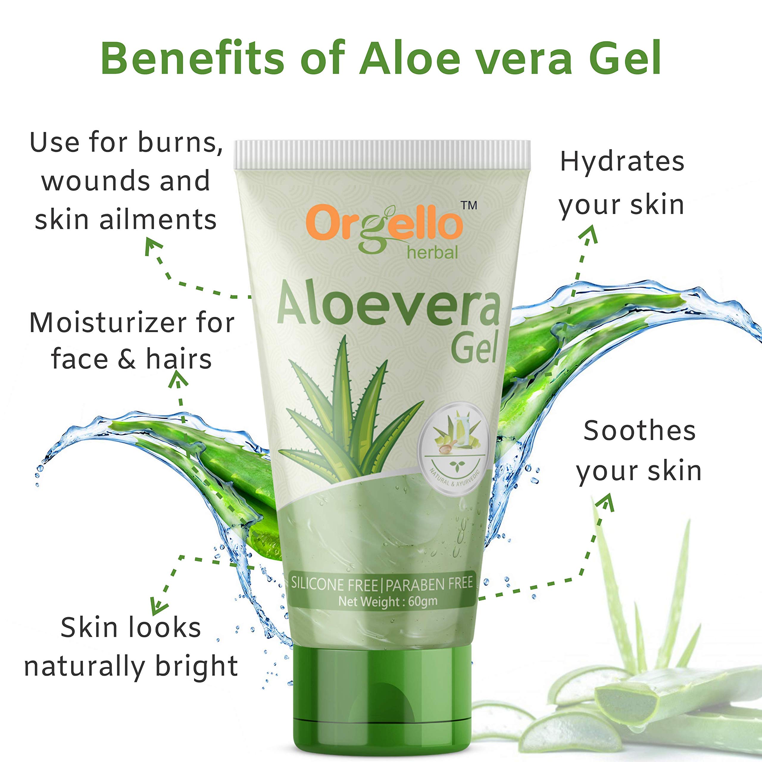 Orgello Pure Aloe Vera Gel for Face & Hair Care - 3 Pack (180g Total) | Soothing Moisturizer for Sunburn, Dry Skin & Scalp | Paraben & Sulfate Free | Natural Hydration for Face Massage & Hair Treatment