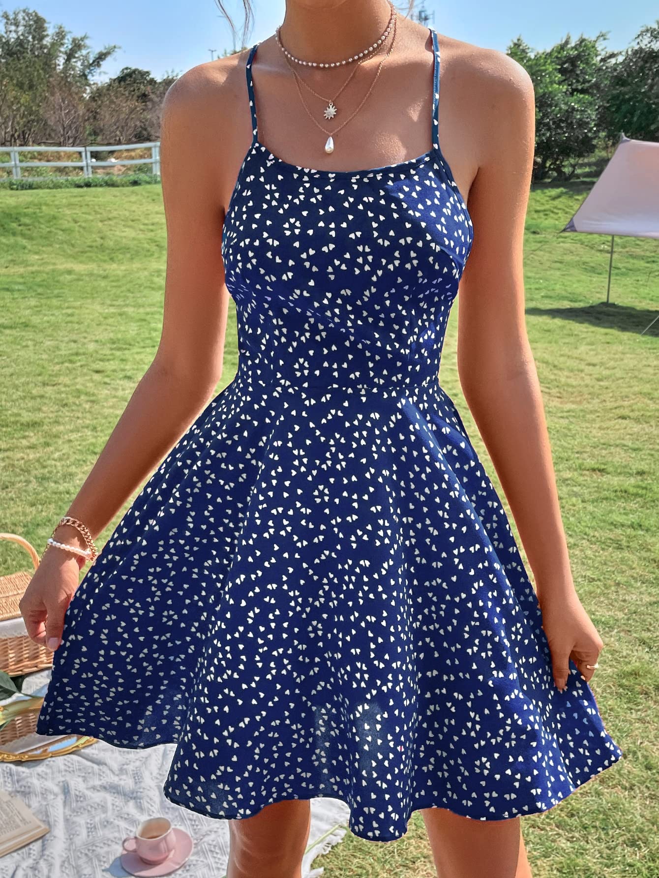 Confetti Heart Print Crisscross Tie Backless Cami Dress - Navy Blue Small | Flirty Summer Outfit for Date Night & Beach Vacations