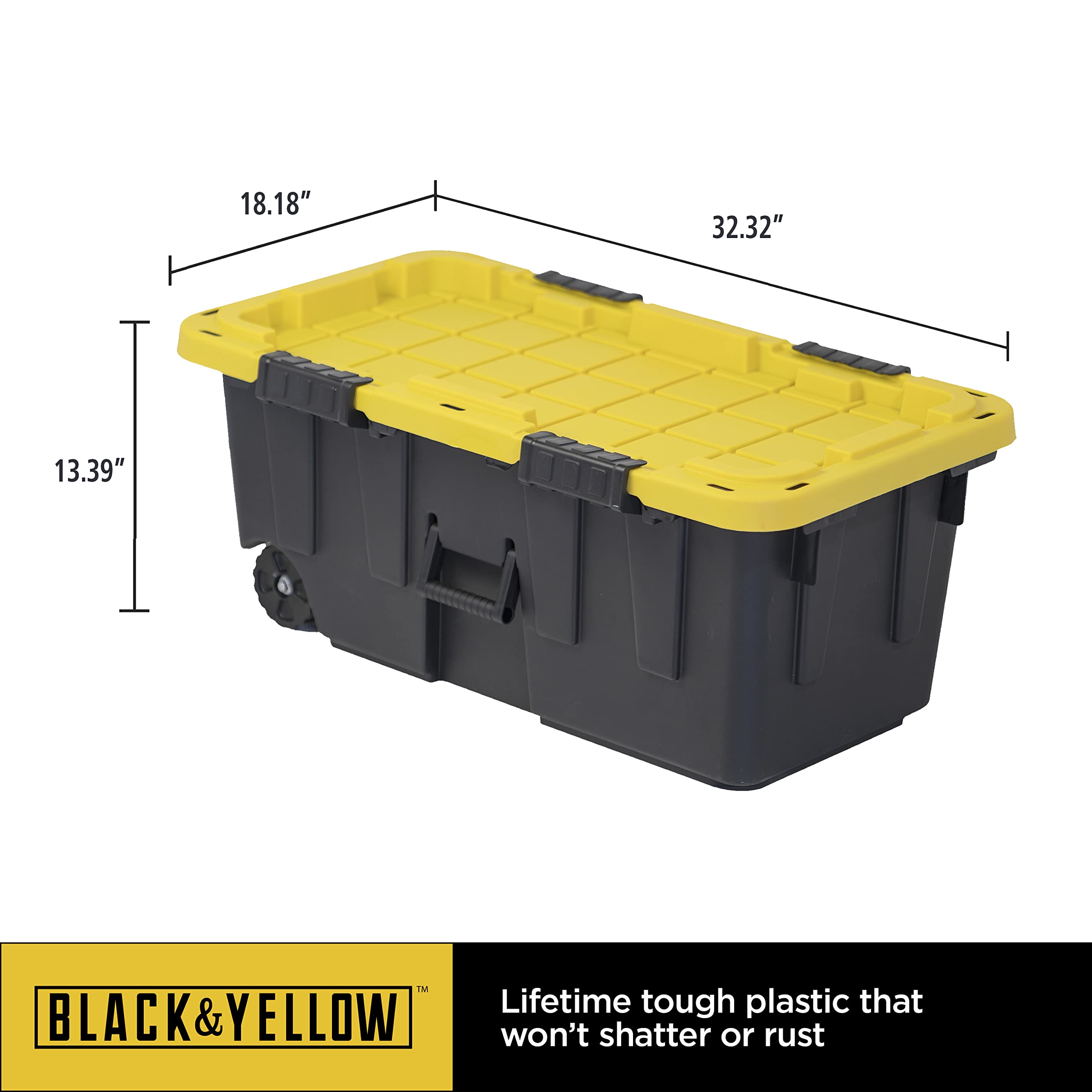 CX BLACK & YELLOW® 20-Gallon Heavy Duty Storage Footlocker with Snap-Tight Lid - 13.4”H x 18.2”W x 32.3”D Weatherproof Stackable Tote Bin - Ideal for Garage Organization, Camping Gear Storage & Military Footlocker Use [4-Pack]