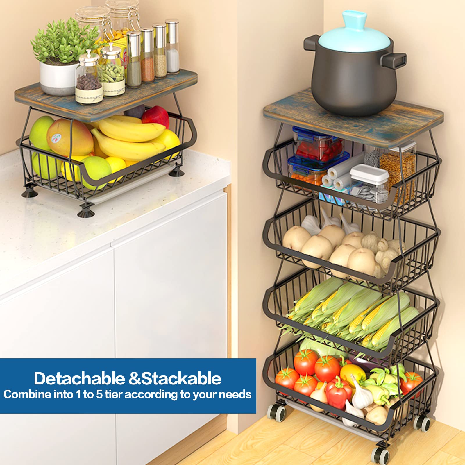 5-Tier Stackable Metal Wire Storage Basket Organizer for Kitchen - Wood Top Vegetable & Fruit Basket Stand for Onions, Potatoes, and Produce - Perfect for Pantry Organization and Countertop Storage