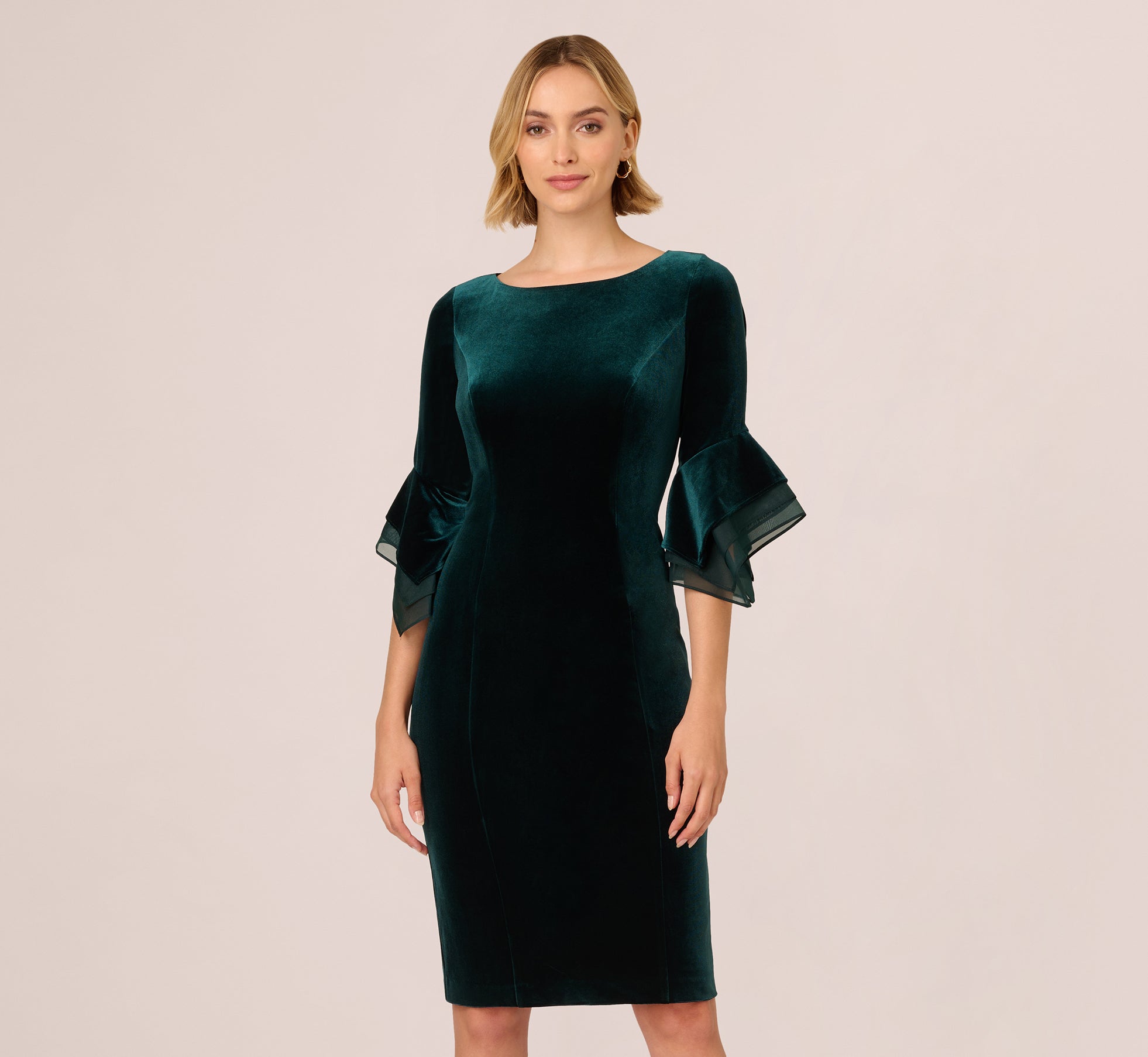 Velvet Sheath Dress with Tiered Three-Quarter Sleeves in Hunter Green - Elegant Fall & Winter Party Dress for Weddings, Holiday Events & Evening Occasions
