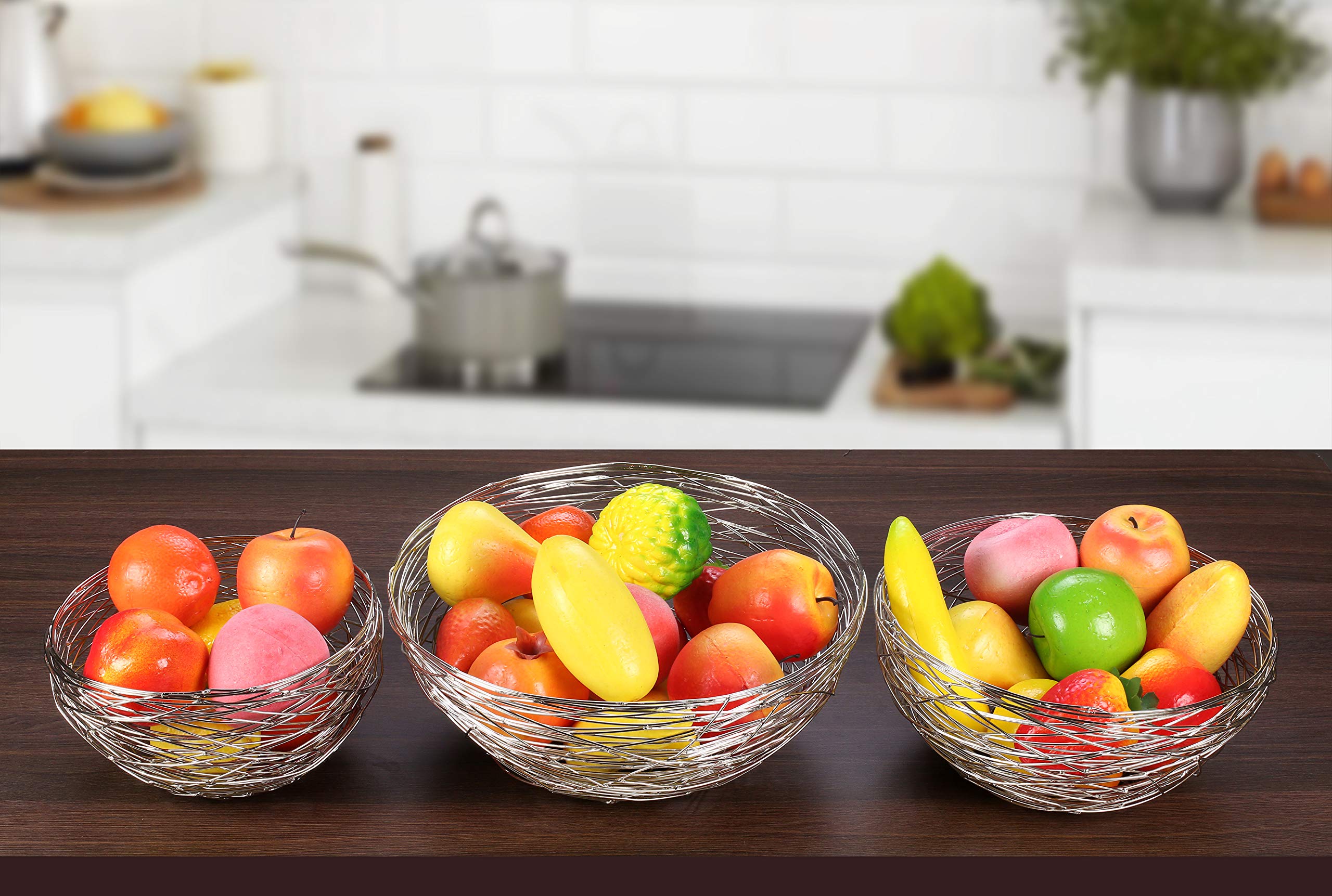 Alpha Living Home 3-Piece Shiny Silver Metal Fruit Basket Set for Kitchen Counter - Decorative Vegetable & Fruit Holder Bowl for Dining Table, Pantry, and Home Decor | Perfect for Organizing Fruits, Veggies, and Displaying as Centerpiece