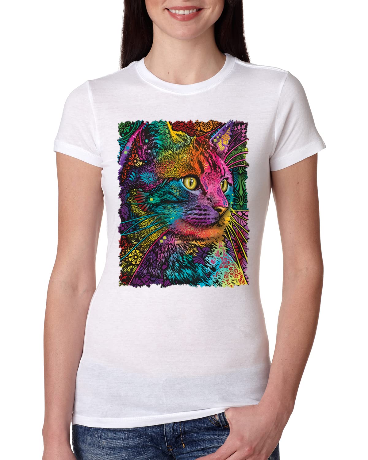Dean Russo Cat Lover Women's Slim Fit Junior T-Shirt | Colorful Cat Portrait Tee for Cat Owners | Perfect Gift for Cat Lovers, Casual Wear & Cat-Themed Events