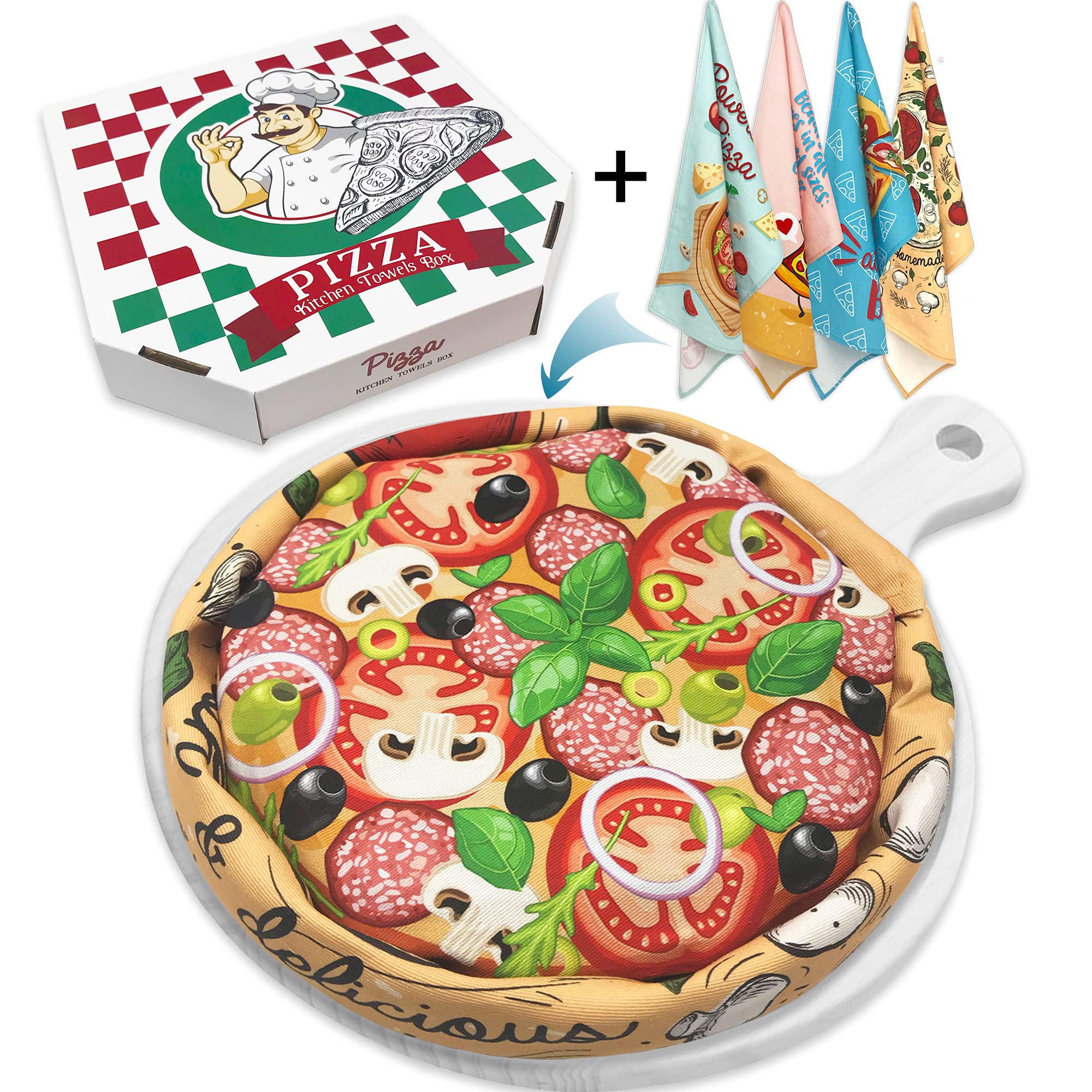 Eleville Funny Pizza Theme Kitchen Towels Set of 4 - Absorbent Dish Cloths & Decorative Hand Towels for Kitchen - Perfect Housewarming Gift for Mom & Friends - Ideal for Cooking, Baking & Holiday Decor (KTN006)