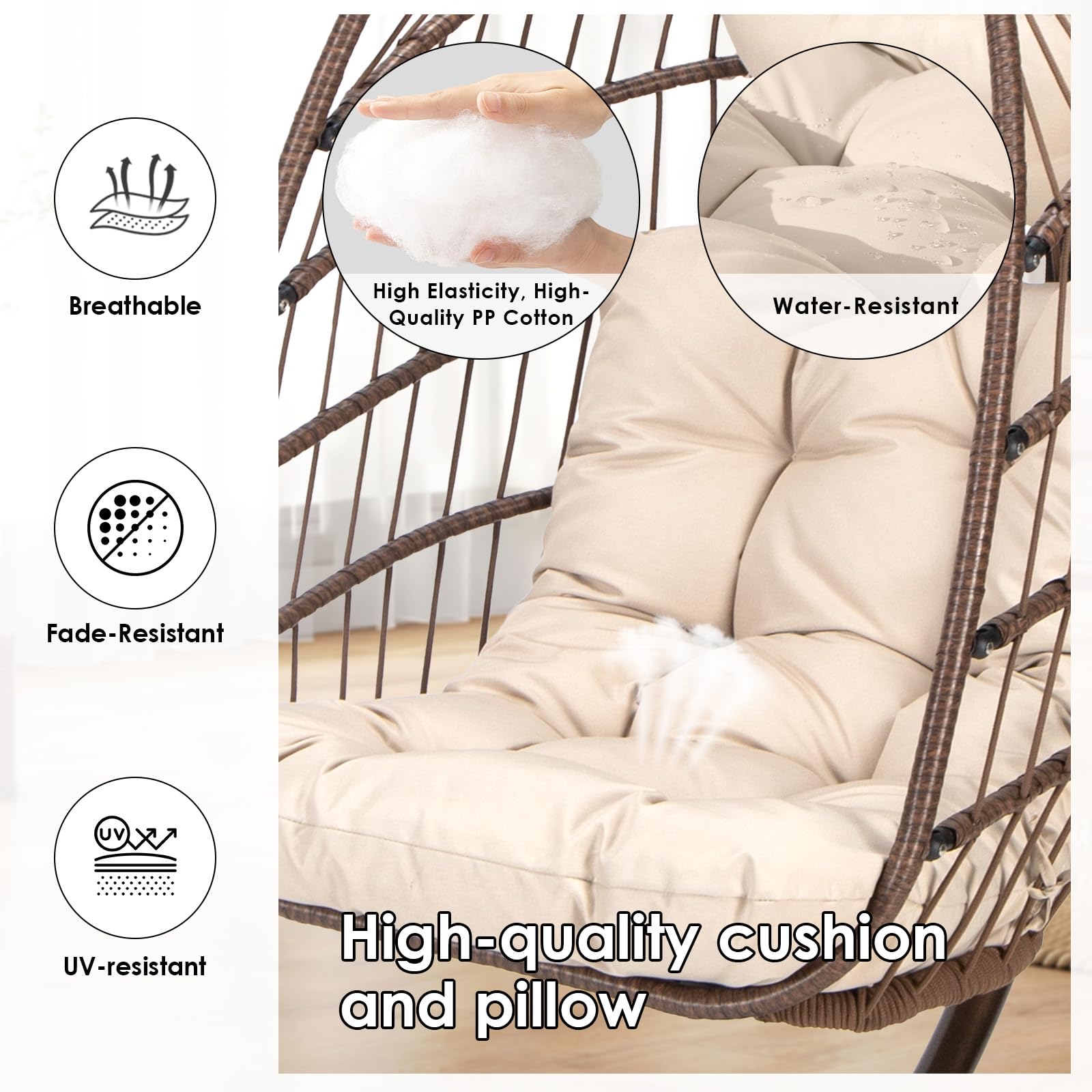 Outdoor Hanging Egg Chair with Stand - 350lbs Capacity PE Rattan Wicker Swing Chair with Waterproof Cushions, Foldable Basket Design for Patio, Garden, Bedroom & Indoor Use (Brown) | Perfect for Relaxing, Reading & Lounging in Backyard or Sunroom