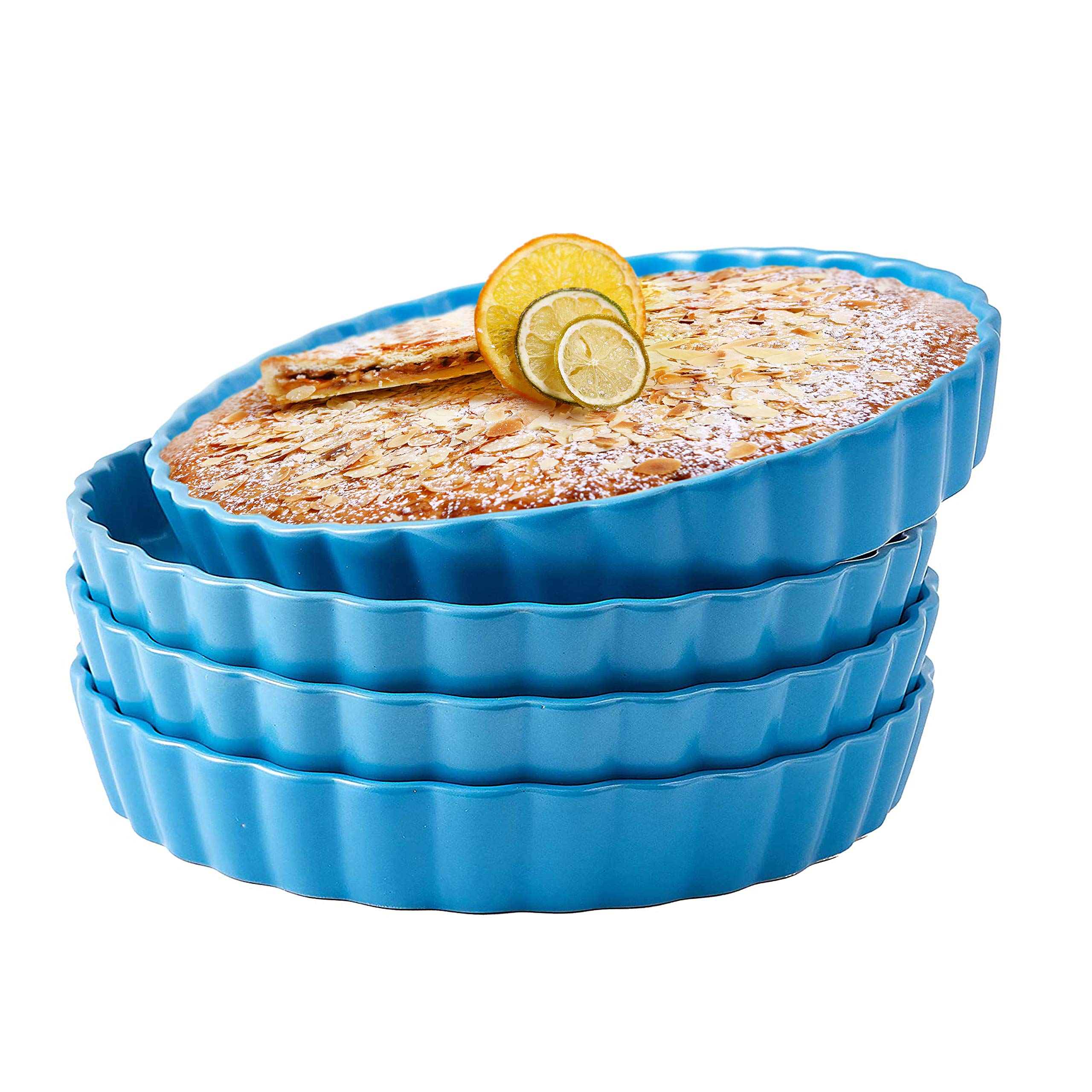Bruntmor 10-Inch Ceramic Pie Pans Set of 4 - Nonstick Oven Safe Baking Dishes for Quiche, Apple Pie, Tart & More - Blue Porcelain Round Tart Pans - Perfect for Holiday Baking, Dessert Making & Family Gatherings