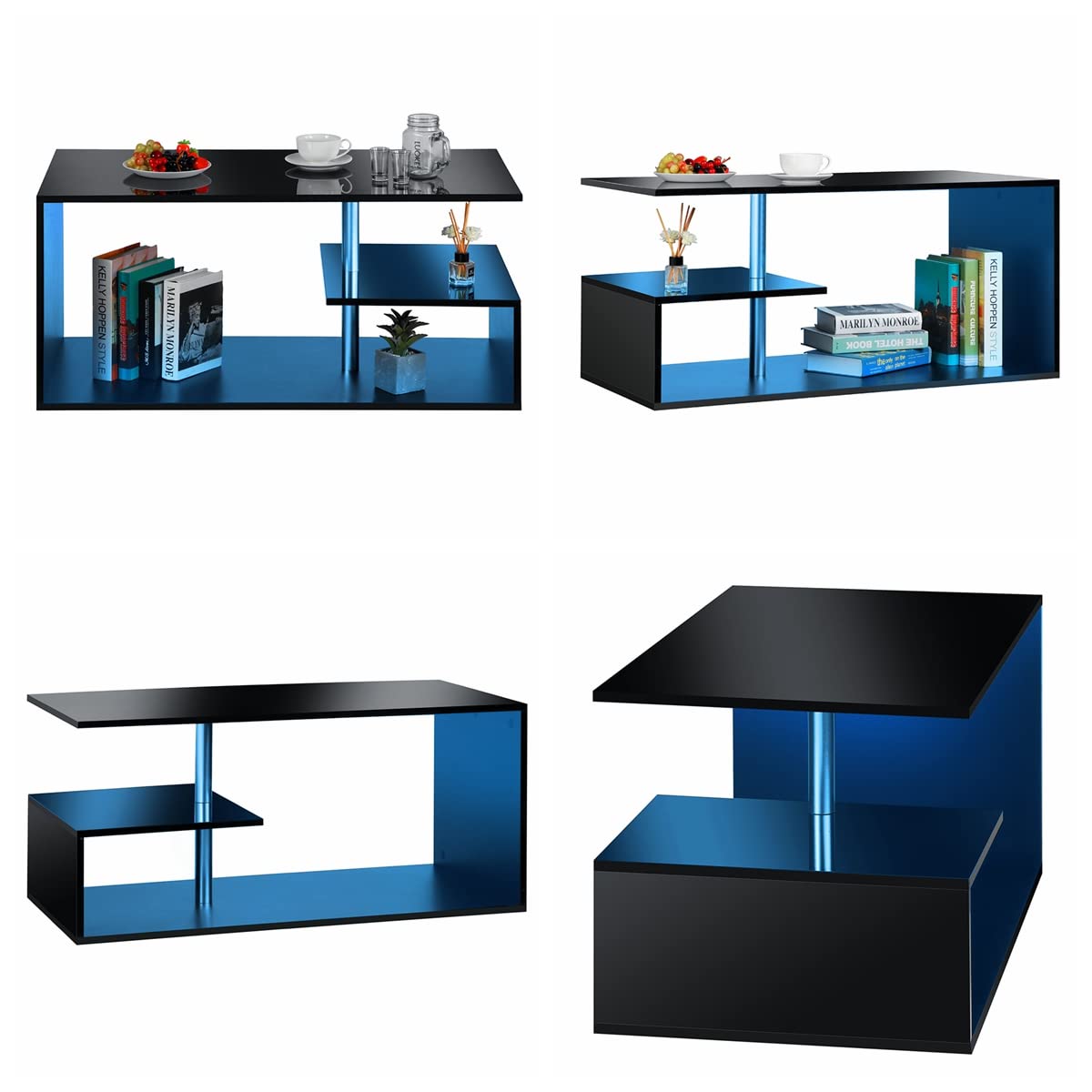 Modern Black LED Coffee Table with 3-Tier S-Shaped Open Storage Shelf - High Gloss Center Sofa Table with Adjustable Lighting - Perfect for Living Room, Home Office & Small Spaces (18