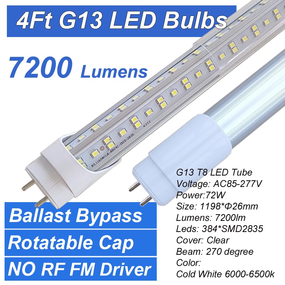 T8 LED Bulbs 4 Foot - Energy Efficient T12 LED Replacement (4FT 72W) - 7200lm 6500K Cool White Fluorescent Tube Lights - 2 Pack Bi-Pin G13 Base Type B - Ballast Bypass & Double Ended Power - No RF FM Driver - Perfect for Warehouses, Garages & Office Lighting