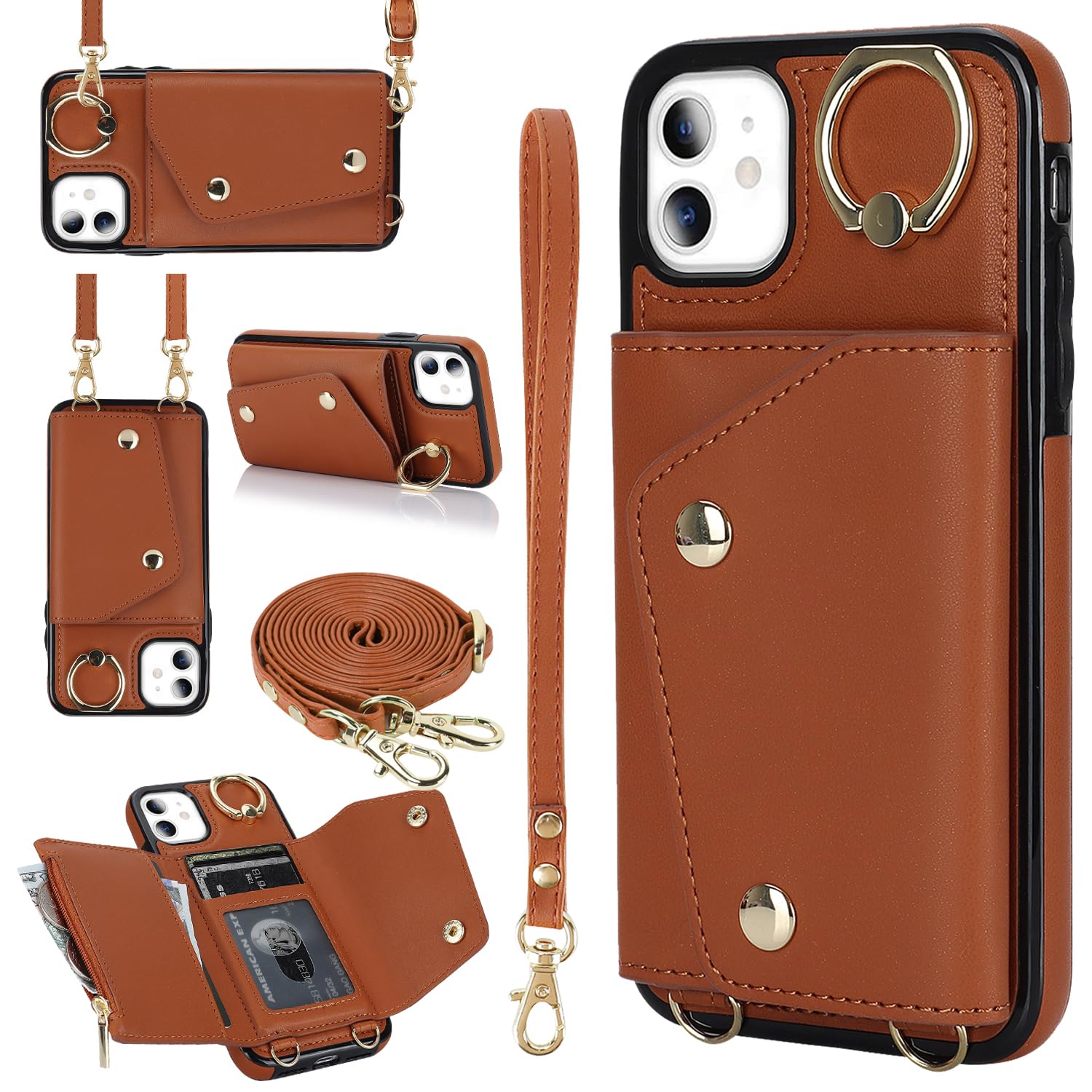 ELTEKER iPhone 11 Wallet Case with Card Holder, Crossbody Neck Strap & Ring Stand - Flip Cover Phone Case for Women (Brown) | Perfect for Travel, Shopping & Hands-Free Convenience