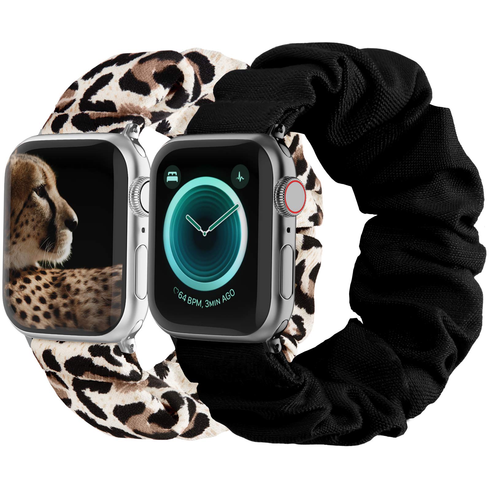 Compatible Scrunchies Apple Watch Bands 38mm 40mm 41mm - Soft Fabric Elastic Wrist Straps for Women, iWatch Series 8/7/6/5/4/3/2/1/SE - Fashion Printed Pattern (Large Black & Leopard) - Perfect for Workouts, Yoga & Everyday Wear