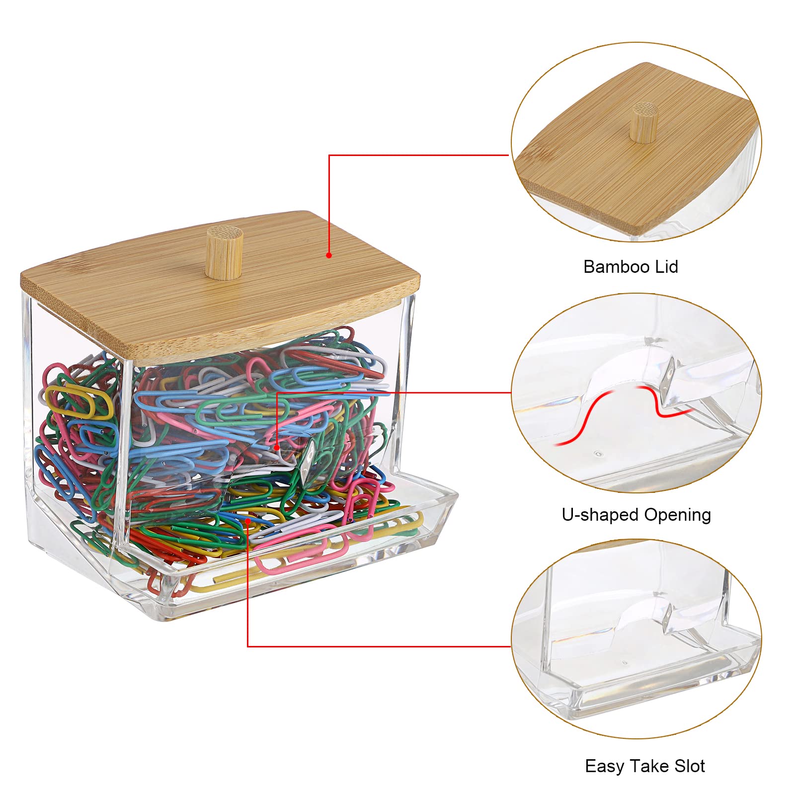 BTSKY Clear Acrylic Paper Clip Holder with Bamboo Lid - Self-Dispensing Office Organizer for Desk, Bathroom & Vanity Storage - Perfect for Paper Clips, Qtips, Cotton Swabs (Clips Not Included) - Ideal for Office, Home & Travel Organization