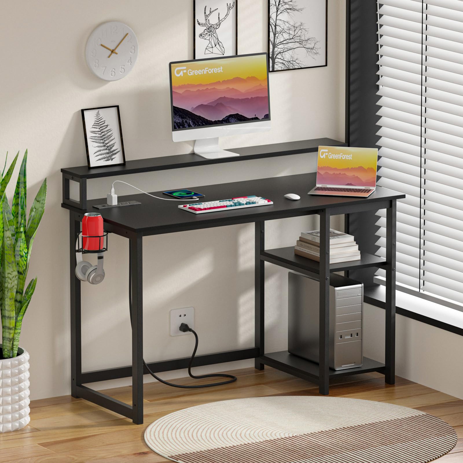 GreenForest 40 Inch Computer Desk with Power Outlets - Ergonomic Home Office Desk with Monitor Stand, Reversible Gaming & Study Desk for Small Spaces (Black) | Perfect for Home Office, Gaming Setup & Remote Work