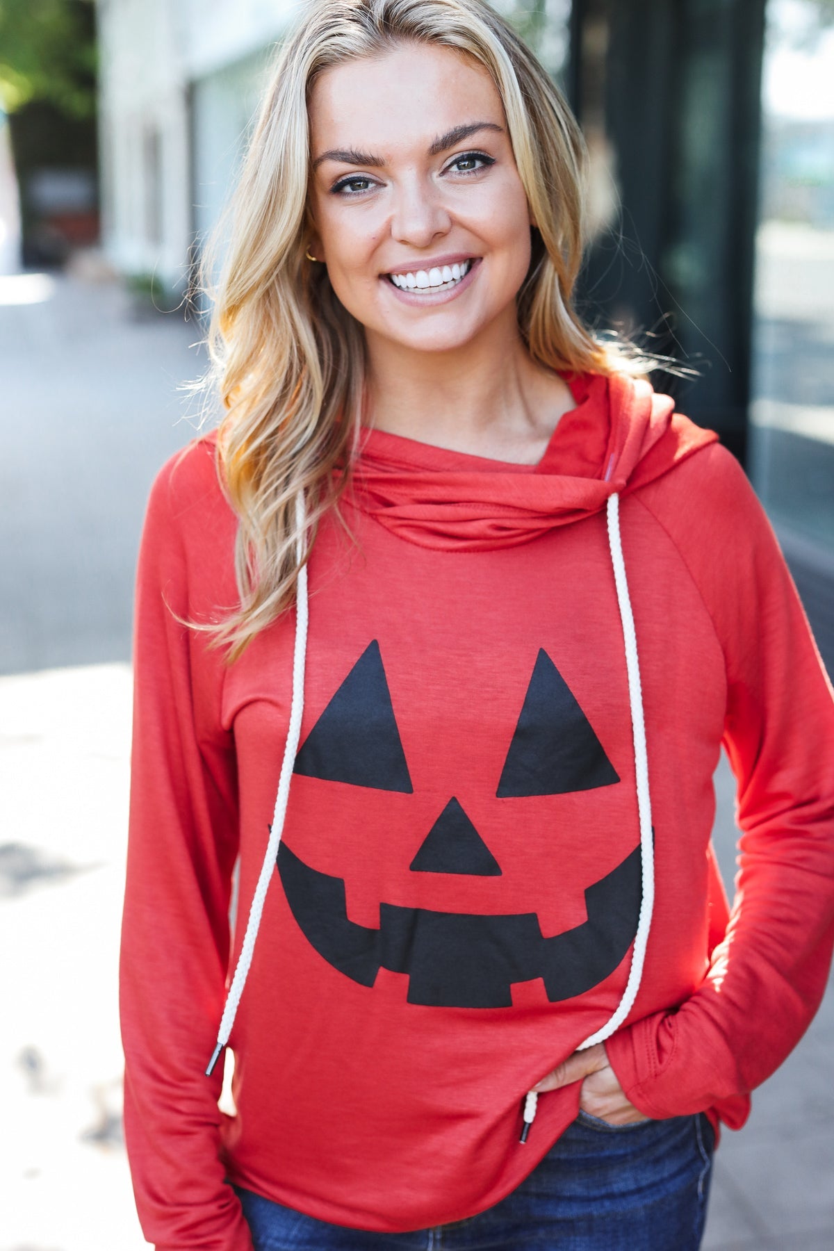 Orange Jack O'Lantern French Terry Thumb Hole Double Hoodie - Halloween Pumpkin Pullover Sweatshirt for Fall & Winter Cozy Outfits