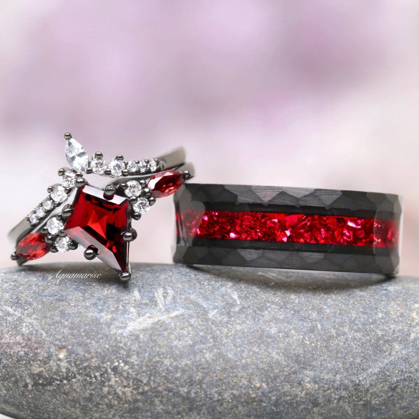 Natural Red Garnet Couples Ring for Women & Men - Skye Kite™ Genuine Gemstone Wedding Band - Perfect for Anniversaries, Engagements & Romantic Gifts
