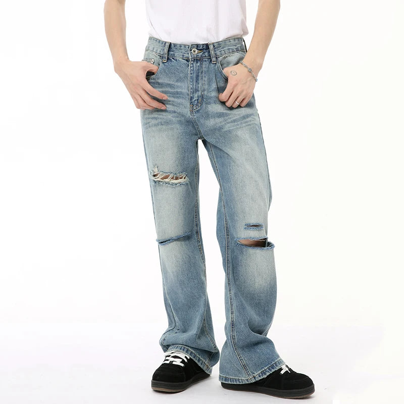 Stylish American Men's Denim Pants - Distressed Hole Design, Wide Leg & Straight Fit Casual Jeans for Men | Solid Color Chic Male Bottoms (9C6608) | Perfect for Streetwear, Everyday Fashion & Urban Outfits