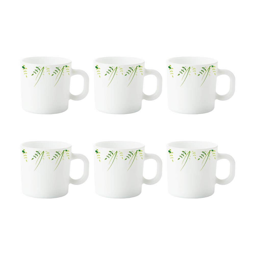 BOROSIL Larah Green Herbs Opalware Tea & Coffee Mug Set - 6 Pieces, 100ml Each | Microwave & Dishwasher Safe, Bone-Ash Free | Elegant White Crockery for Home, Office, Gifts & Daily Use | Perfect for Tea Lovers, Housewarming & Hosting Guests