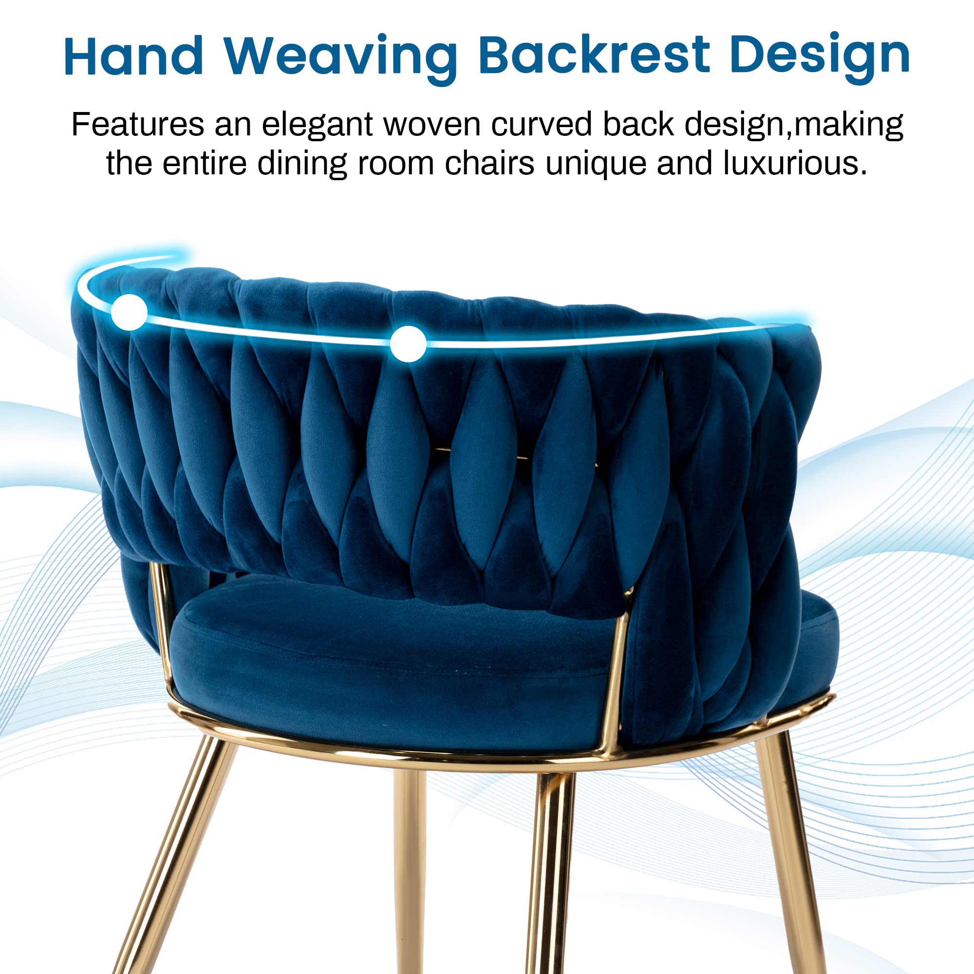 KCC Modern Velvet Dining Chairs Set of 2 - Blue Upholstered Living Room Chairs with Woven Back & Gold Metal Legs, Mid-Century Accent Side Chairs for Dining Room, Kitchen, Office or Lounge - Perfect for Entertaining Guests or Cozy Family Meals