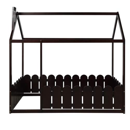 **Solid Wood Twin Bed Frame with Safety Fence - Cabin Style Floor Bed for Kids, Nursery Furniture & Play Tent - Espresso Finish - Perfect for Toddler Rooms, Montessori Bedrooms & Cozy Play Areas**