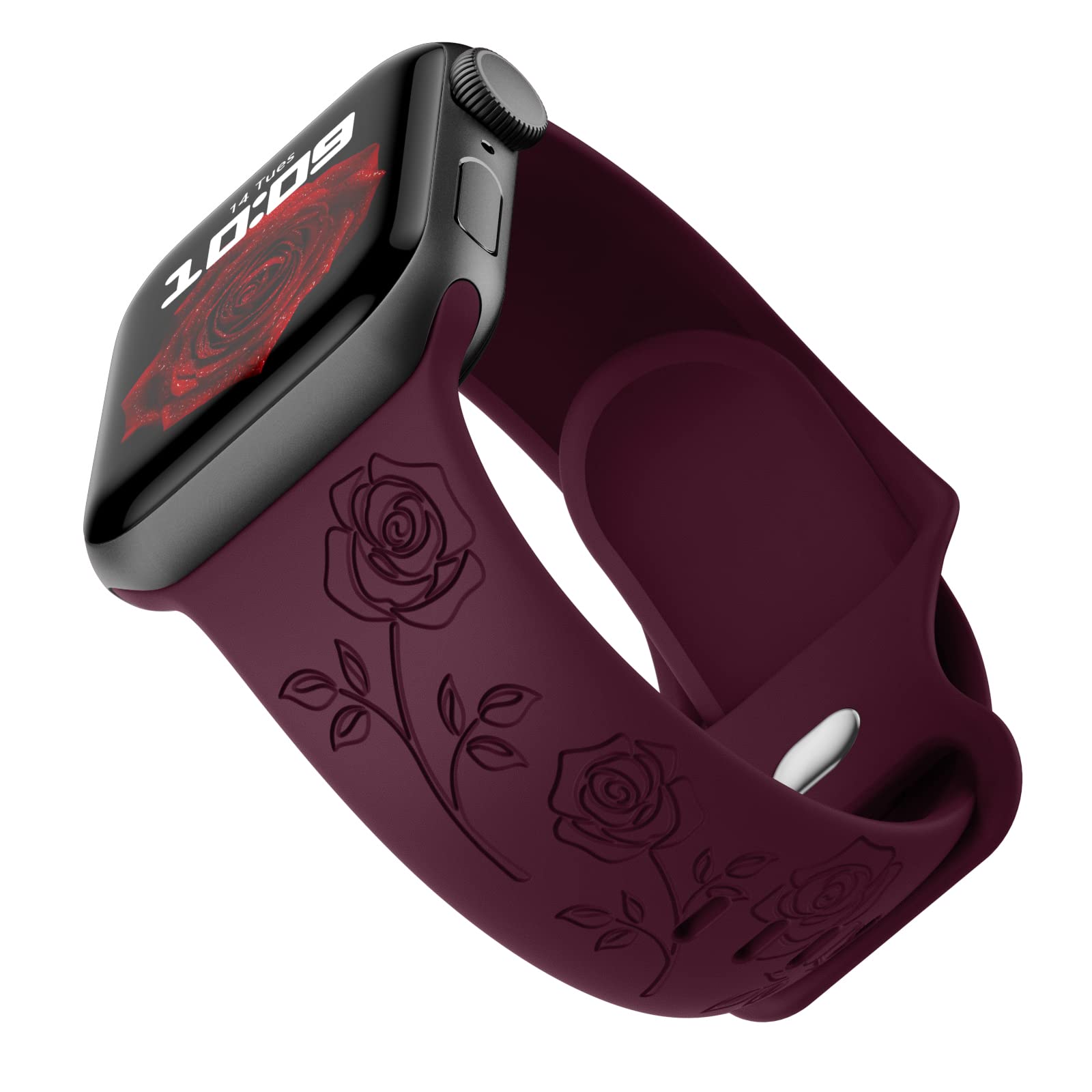 Floral Engraved Apple Watch Bands for Women - Soft Silicone Rose Flower Design Dressy Sport Wrist Straps Compatible with iWatch Series 7/6/5/4/3/2/1/SE (42mm 44mm 45mm) - Perfect for Workouts, Office Wear & Everyday Fashion Accessories