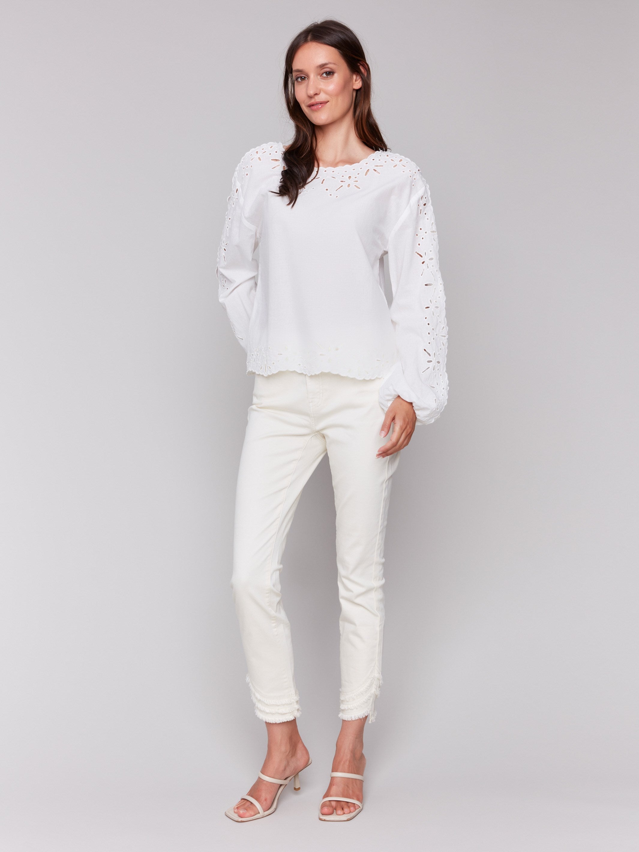 Elegant White Eyelet Cotton Long Sleeve Blouse for Women - Perfect for Office Wear, Casual Outings & Spring Fashion