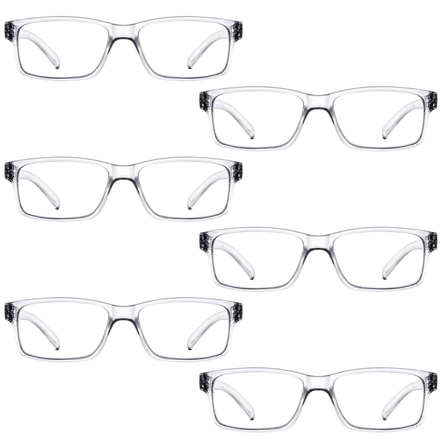 LUR Reading Glasses 6 Pack - Spring Hinge Comfortable Plastic Readers (Clear) - Perfect for Reading, Crafts & Computer Work