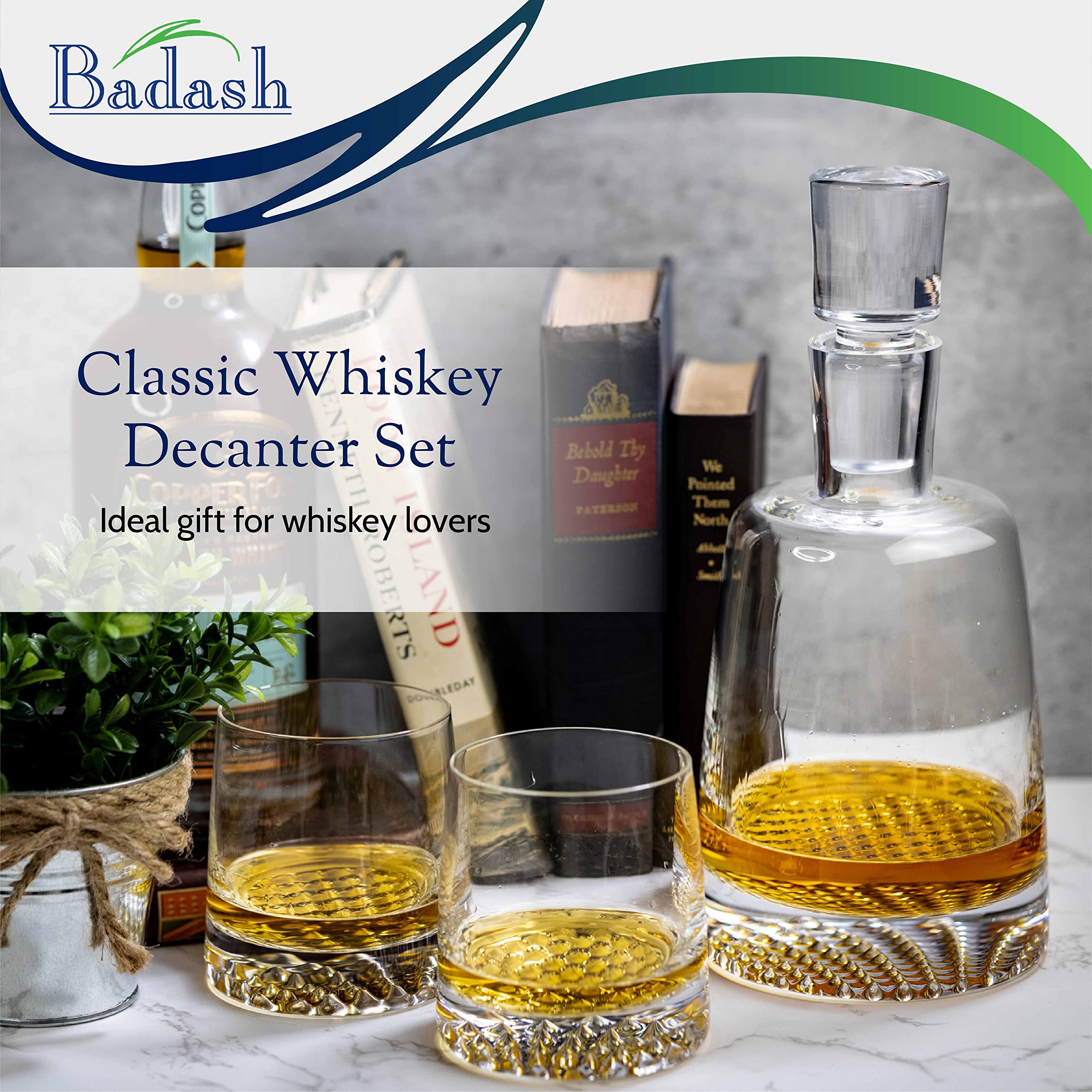 Premium Crystal Whiskey Decanter Set with 4 Lead-Free Glasses - 5-Piece Bourbon & Scotch Decanter Gift Set - Handcrafted Mouth-Blown Crystal for Home Bar, Wedding Gifts & Entertaining