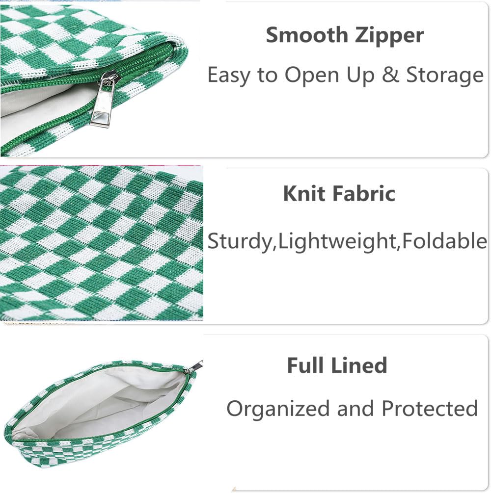 Checkered Makeup Bag Set of 2 - Large Cosmetic Organizer & Brush Pouch - Portable Travel Makeup Case for Women (Green) | Perfect for Travel, Gym & Daily Beauty Storage