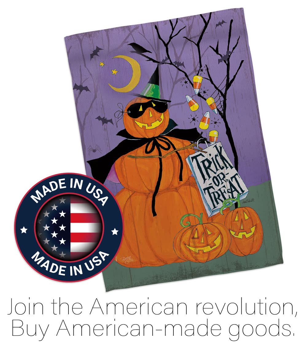 Happy Pumpkin Trio Garden Flag Set with Stand - Fall Halloween Decor, Trick or Treat, Spooky Night, Black Cat - Double-Sided Seasonal Yard Banner for Autumn, Halloween, and Home Decoration - Made in USA