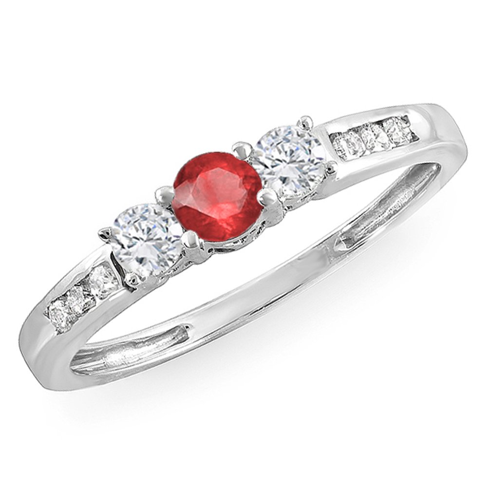 Dazzlingrock Collection 10K Solid White Gold Round Ruby & White Diamond Women's 3 Stone Engagement Ring | Bridal Wedding Jewelry | Anniversary Gift for Her, Wife, Fiancée | Perfect for Proposals, Weddings & Special Occasions