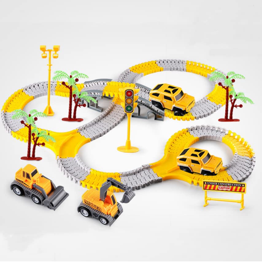 234 Pcs Engineering Rail Car Set with 2 Electric Toy Cars & 3 Construction Vehicles - DIY Flexible Track Building Kit for Kids Ages 3-8 | STEM Learning Toy for Boys & Girls | Perfect for Birthday Gifts, Indoor Play & Creative Construction Scenes