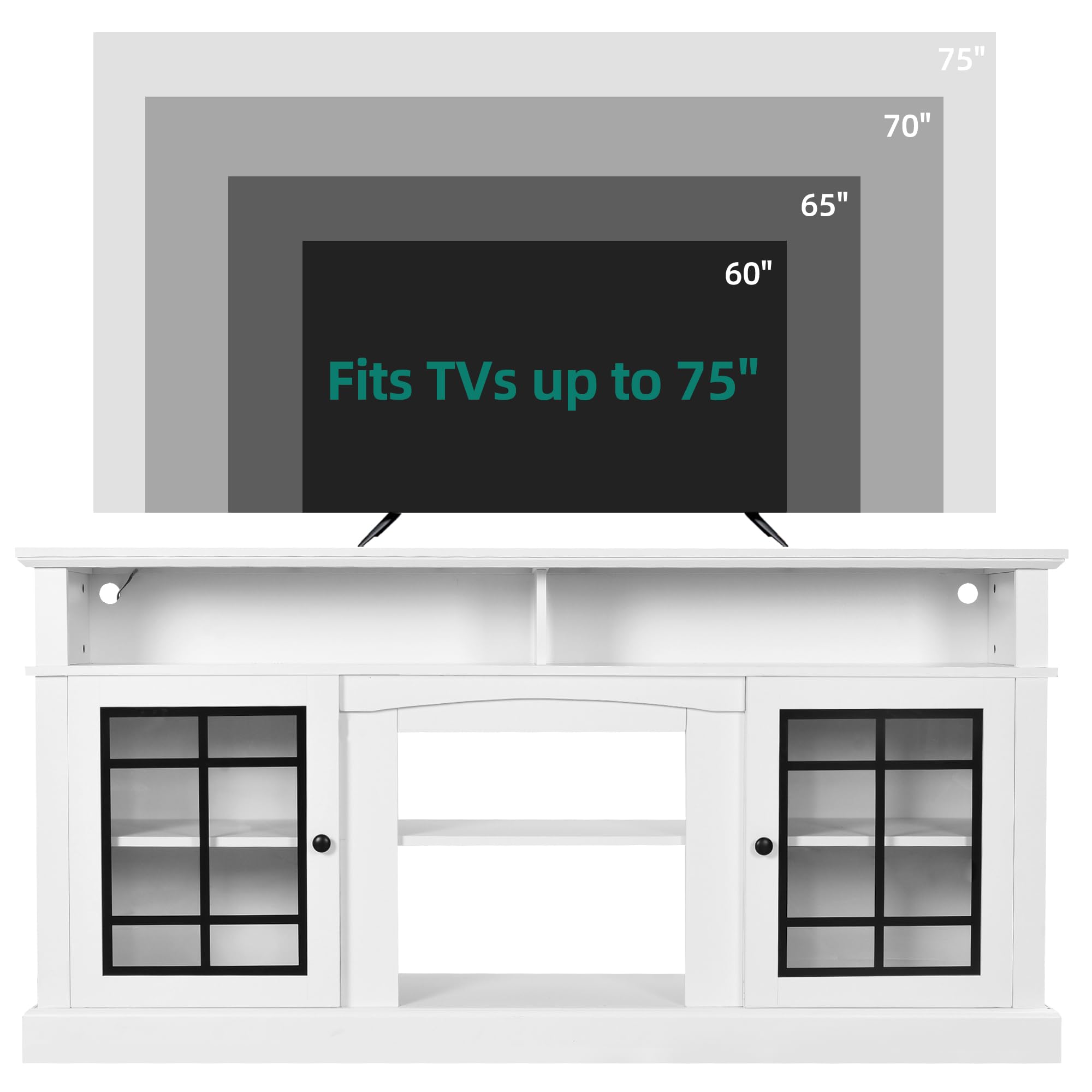 Modern White TV Stand for 75 Inch TVs - Adjustable Shelves & Glass Doors LED Entertainment Center, 32