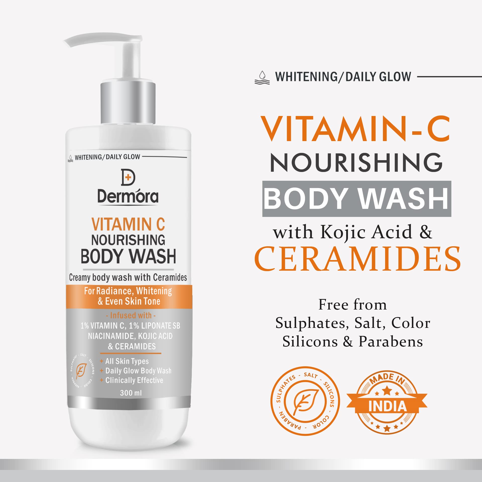 DERMORA Vitamin C Body Wash for Pigmentation - Brightening & Even Skin Tone with Kojic Acid & Phyto Ceramides (300ml) | Nourishing Creamy Formula for Daily Skincare Routine & Glowing Complexion