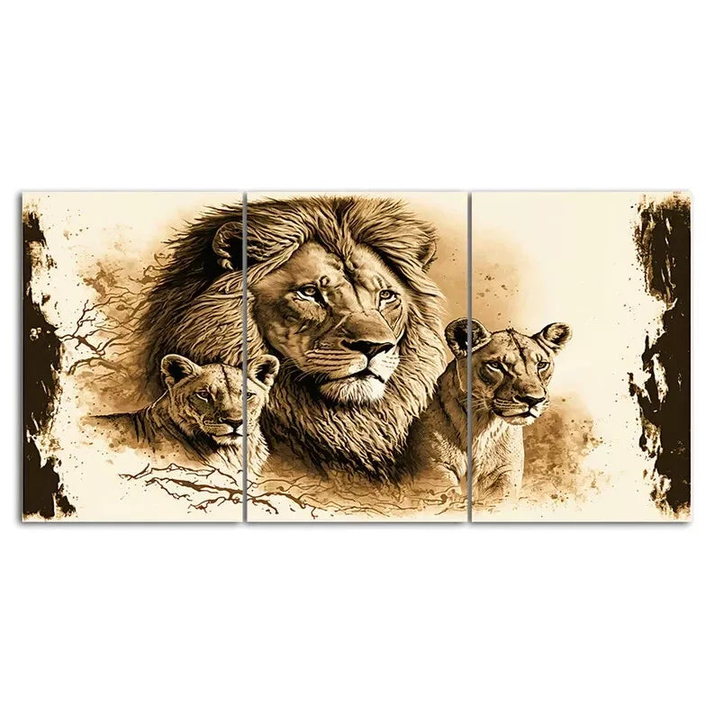 3 Piece Lion and Lioness Painting Style Canvas Wall Art - 60x90cm Framed High Quality Print | 100% Australian Made | Ready to Hang | Perfect for Living Room, Bedroom or Office Decor