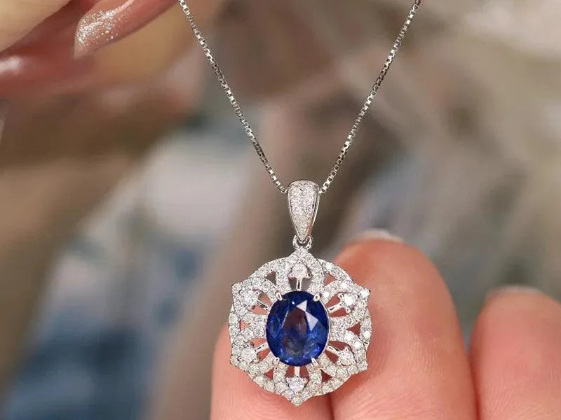 18K White Gold Blue Sapphire Sunflower Pendant Necklace for Women - Natural Diamond Jewelry Gift for Engagement, Anniversary & Special Occasions