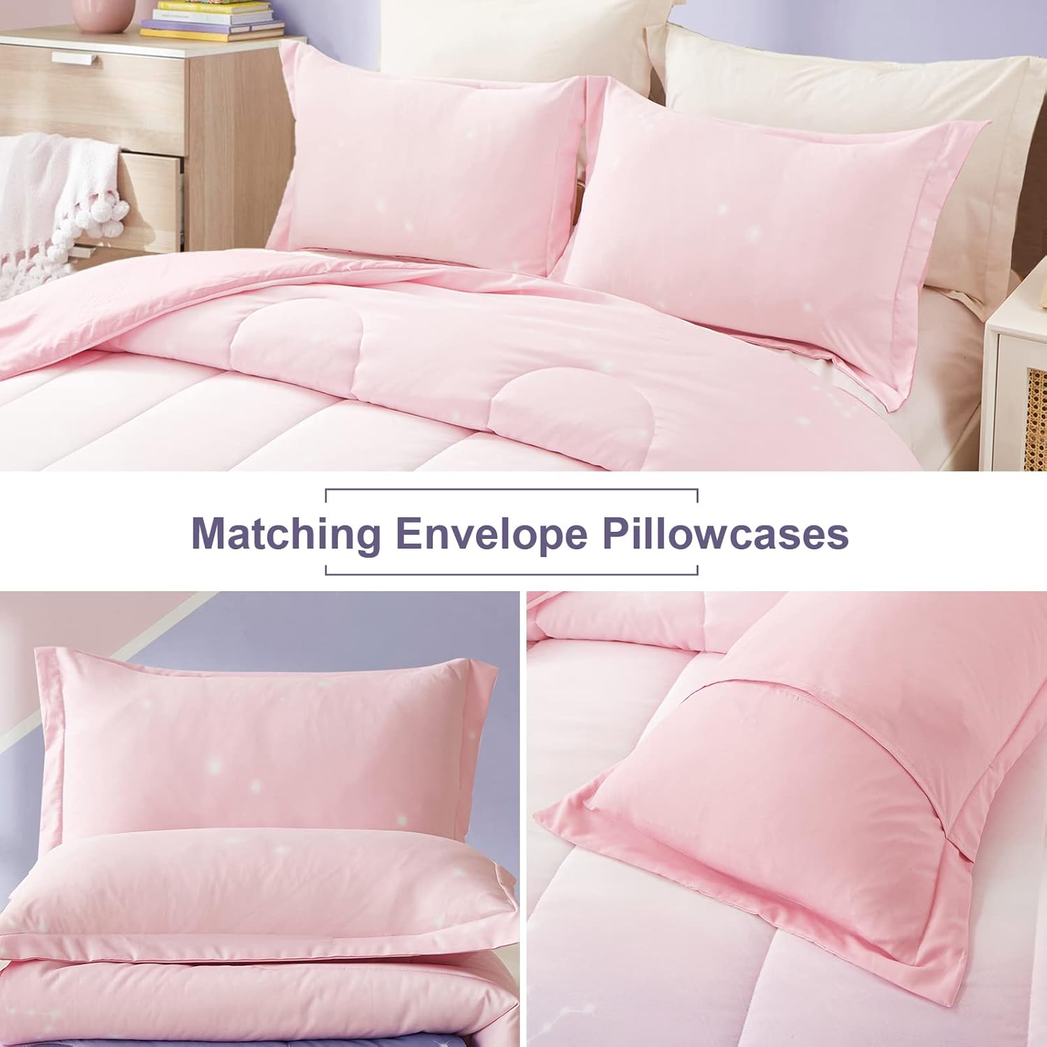 Ombre Pink Purple Rainbow 3-Piece Girls Comforter Set - Queen Size Bedding Collection for Teen Girls Room Decor & Cozy Sleep