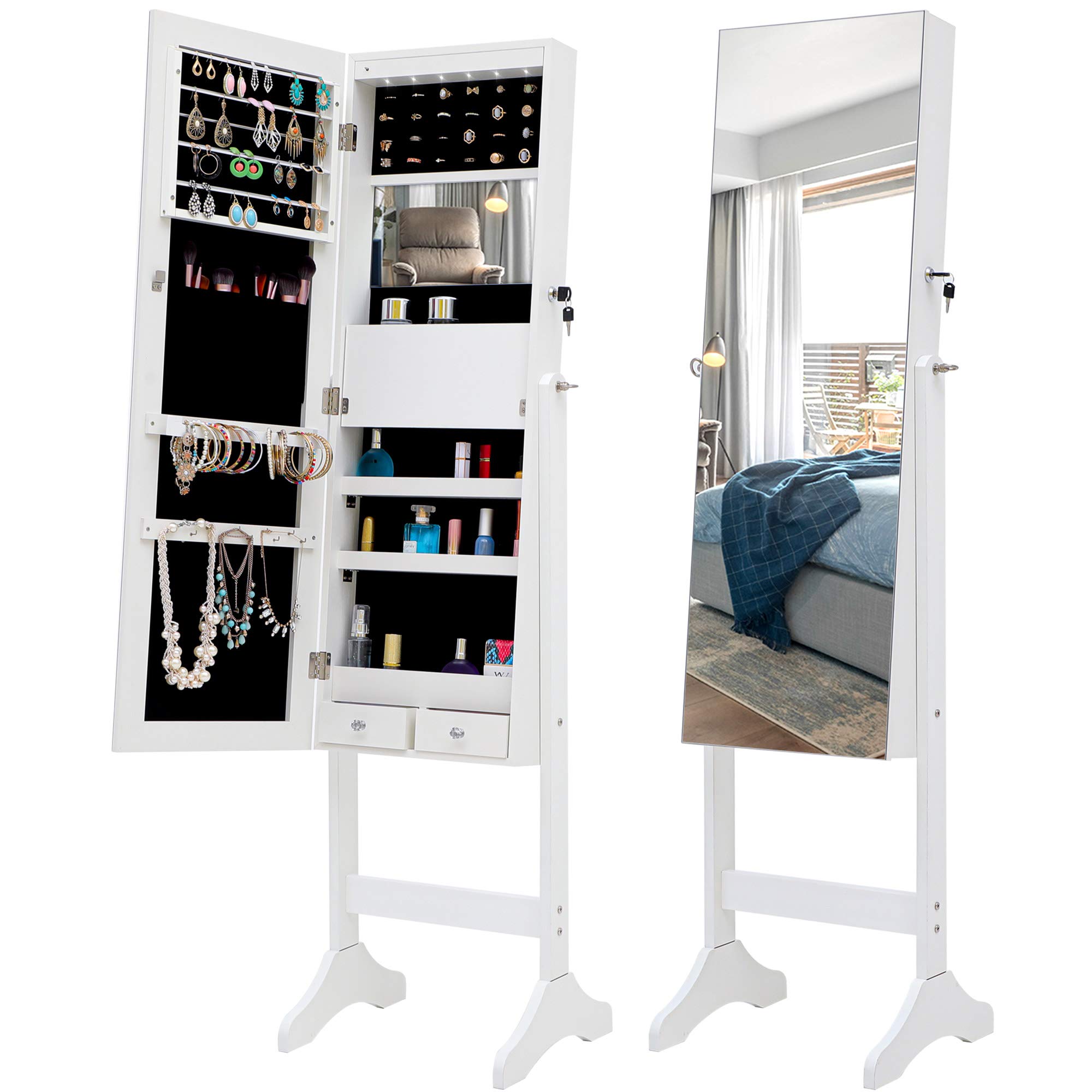 Fashion Jewelry Storage Mirror Cabinet with LED Lights - White, Organizer for Necklaces, Rings & Earrings - Perfect for Bedroom Vanity or Living Room Decor