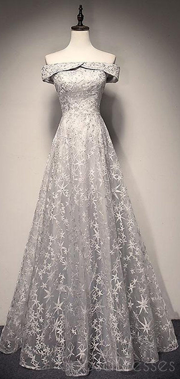 Elegant Off Shoulder Grey Lace A-Line Long Evening Prom Dress for Women | Sweet 16 Party Gown | Formal Homecoming Dance Dress | Perfect for Prom Night, Quinceañera & Special Occasions