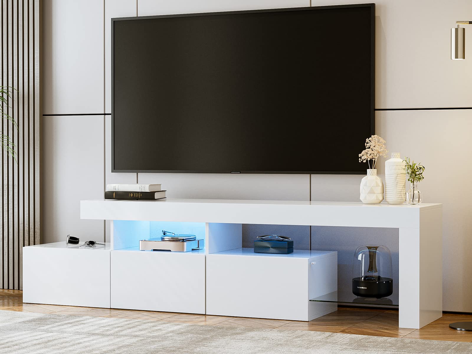 IKIFLY 75 Inch LED TV Stand with 3 Cabinets - High Glossy Modern Entertainment Center & Media Console for Living Room - White - Perfect for Home Theater & Living Room Organization