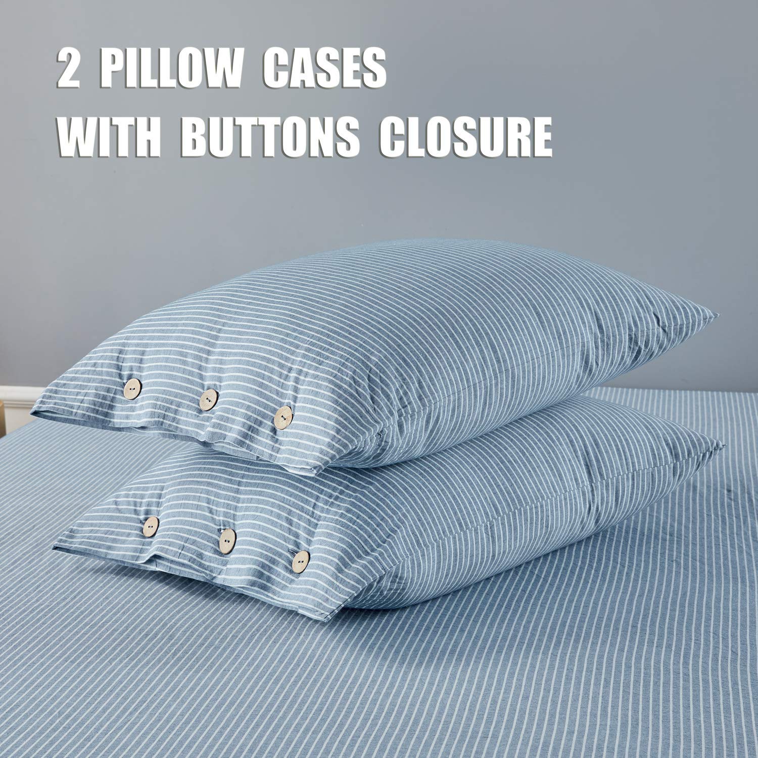 JELLYMONI 100% Washed Cotton Duvet Cover Set - Twin Size Blue & White Striped Bedding | 3-Piece Soft Button Closure Set | Perfect for Guest Rooms, Dorms & Coastal Decor