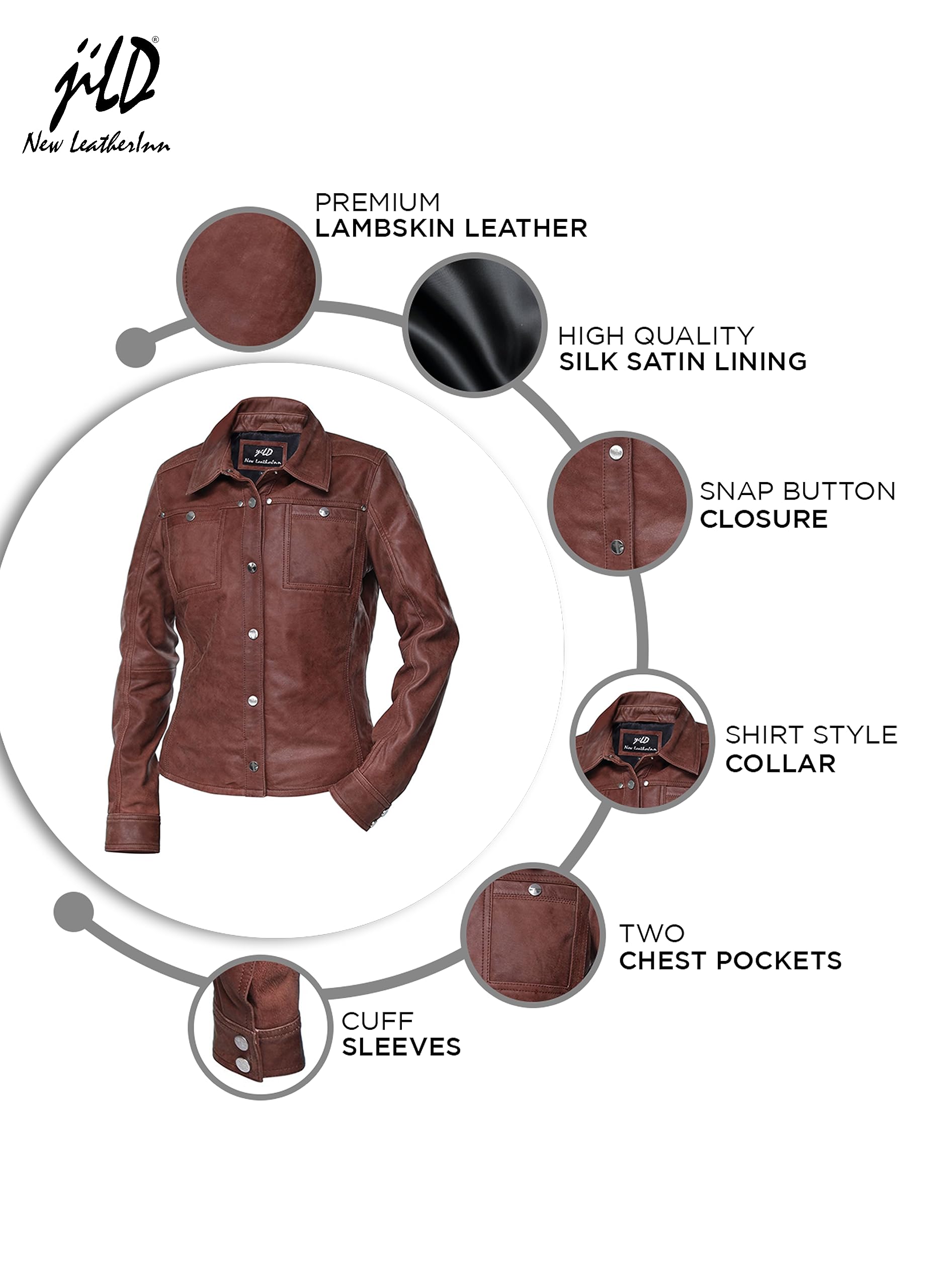 Jild Women's Button Front Lambskin Leather Jacket Shacket - Long Sleeve Casual Shirt Jacket with Bust Pocket | Perfect for Fall Layering, Date Nights & Office Wear