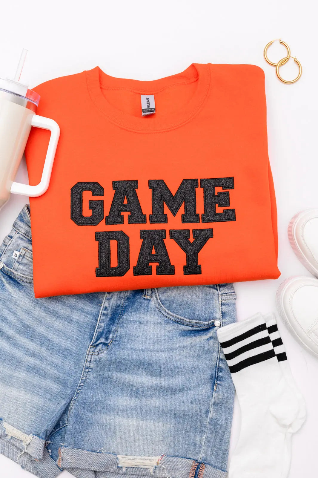 PREORDER: Embroidered Glitter Game Day Sweatshirt - Orange & Black Team Spirit Pullover | Perfect for Football Tailgates, College Parties & Sports Fan Apparel