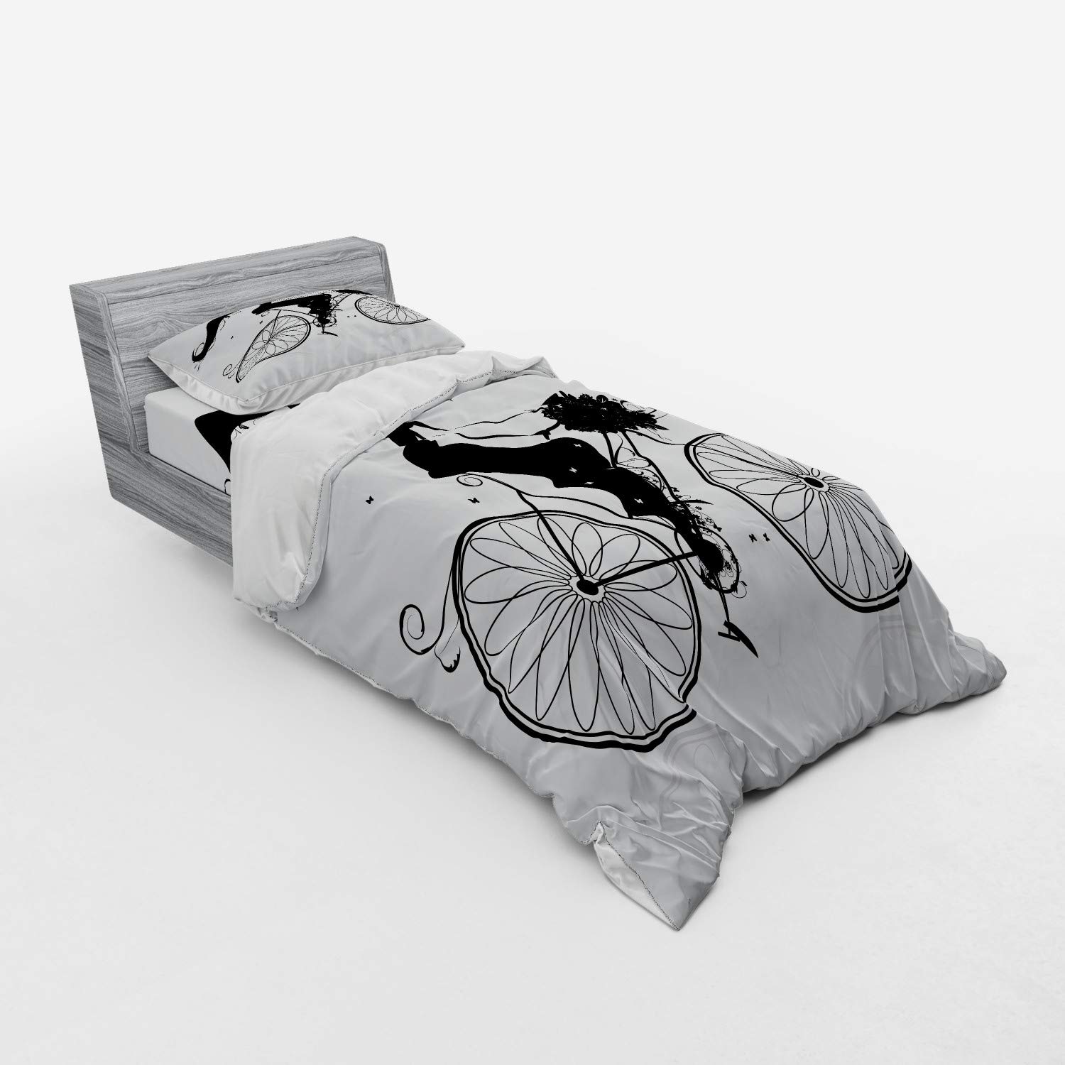 Ambesonne Black and White 3-Piece Twin Bedding Set - Floral Cycling Bride Silhouette Duvet Cover with Pillow Sham & Fitted Sheet | Spring Wedding Decor, Guest Room Essentials, Modern Bedroom Design