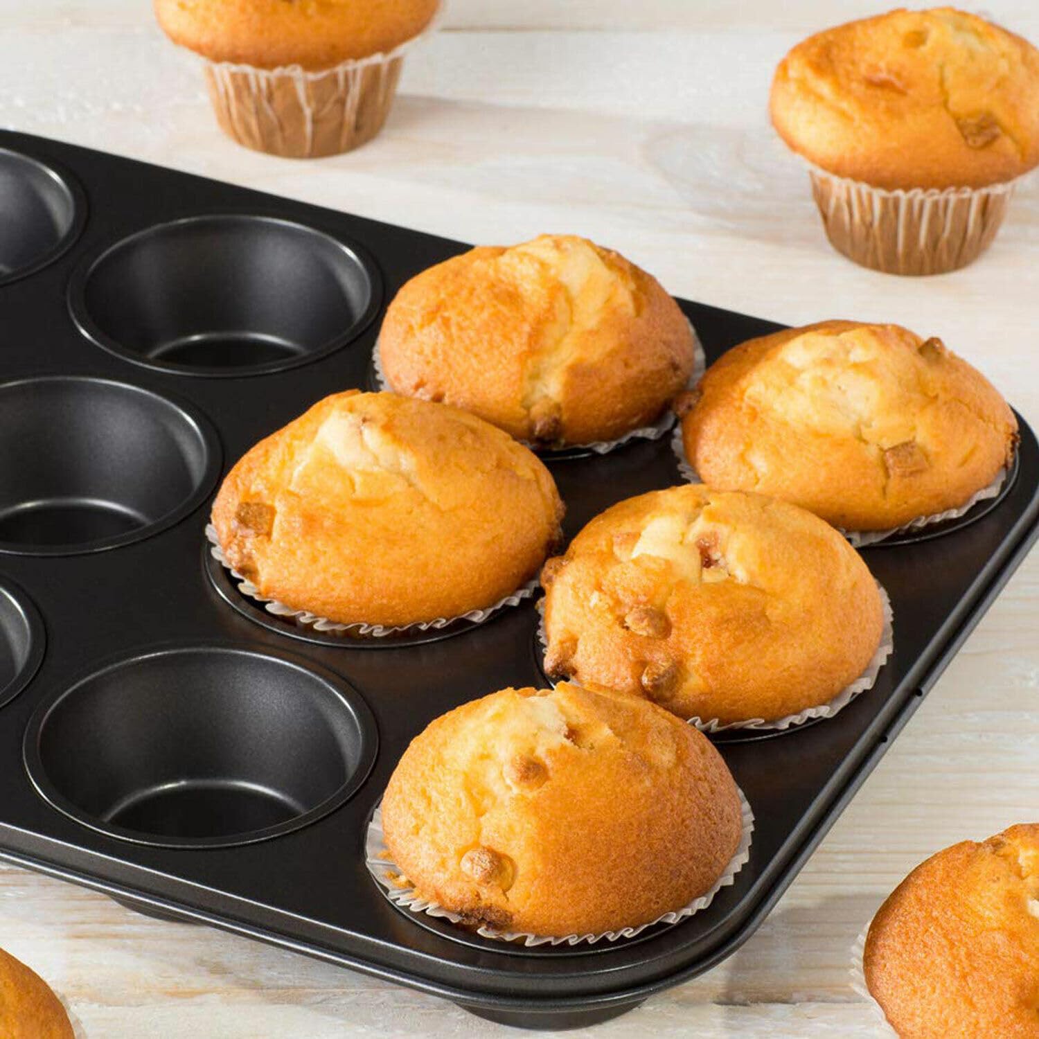 Non-Stick 12-Cup Muffin Pan for Baking Cupcakes, Cakes & Muffins | Premium Carbon Steel Cupcake Tray | Perfect for Home Baking, Parties & Gifts (Black)