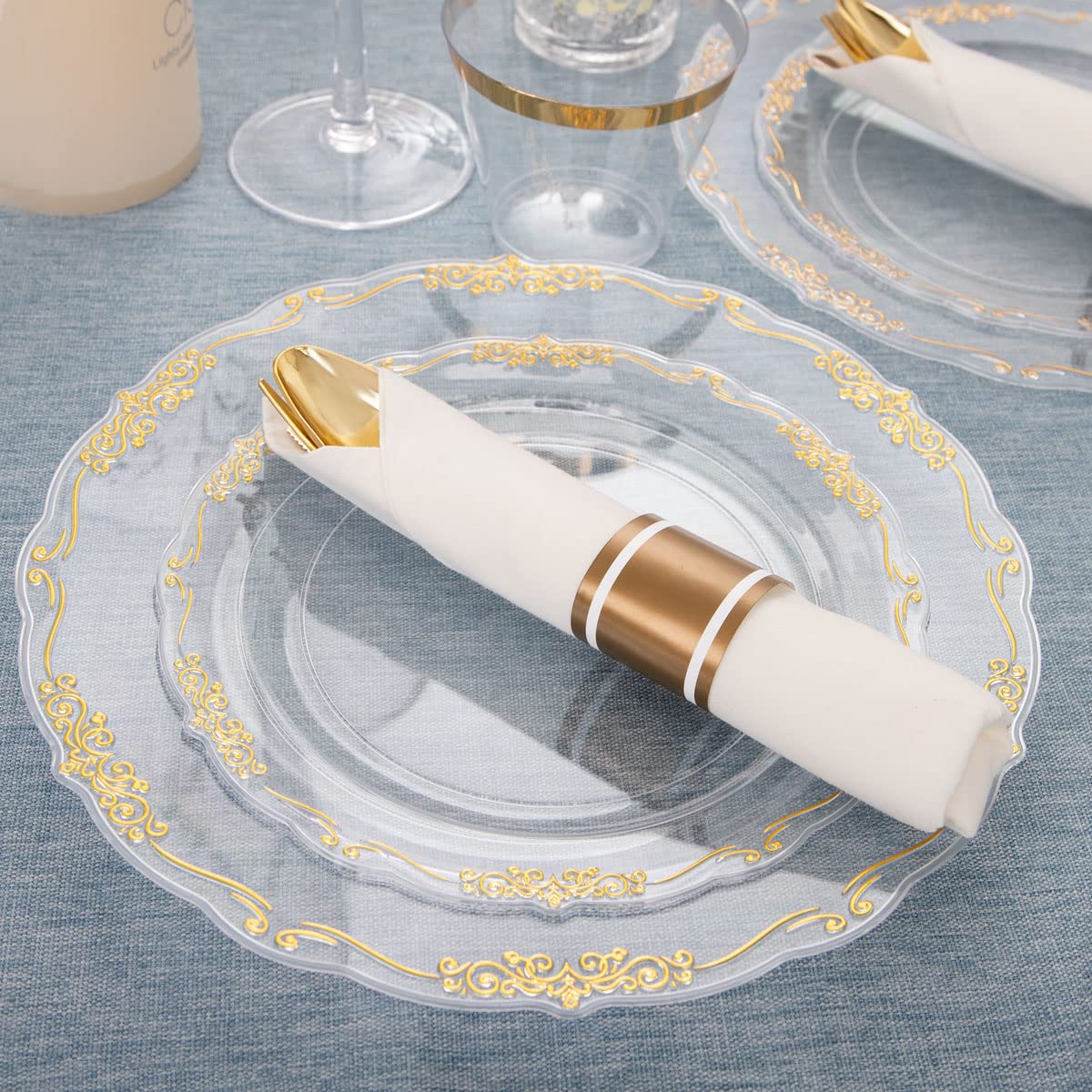 U-QE 175-Piece Gold Plastic Party Dinnerware Set - 25 Dinner Plates, 25 Dessert Plates, 25 Gold Cutlery, 25 9oz Cups & 25 Rolled Napkins - Elegant Disposable Tableware for Wedding, Birthday, Anniversary & Holiday Celebrations