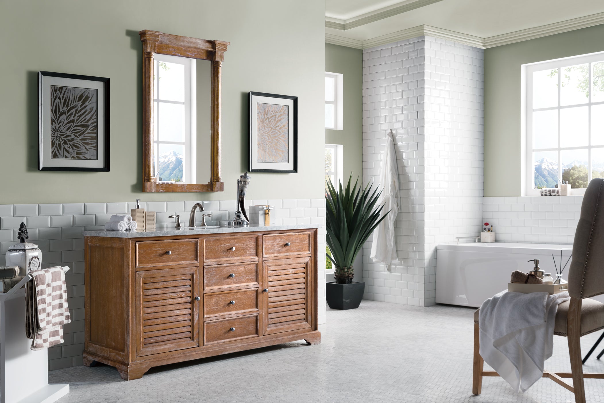 Savannah 60 Inch Driftwood Bathroom Vanity with 3CM Carrara Marble Countertop - Modern Single Sink Vanity for Master Bathroom & Powder Room Remodel