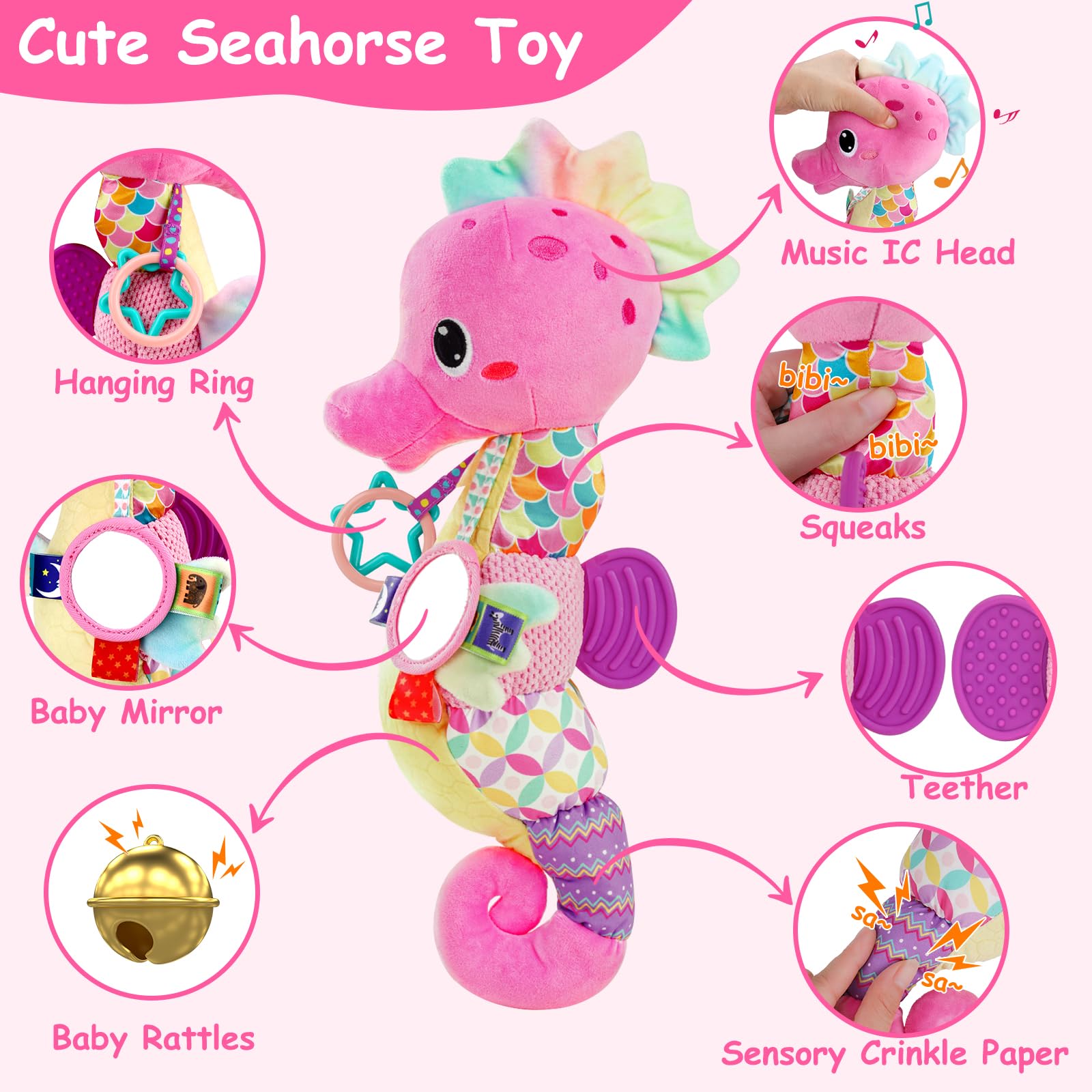 Soft Plush Baby Toys with Mirror, Rattle & Crinkle - Sensory Stuffed Animals for Newborns 0-12 Months | Teething & Developmental Toys for Infant Girls & Boys | Perfect for Tummy Time, Crib Play & Early Learning