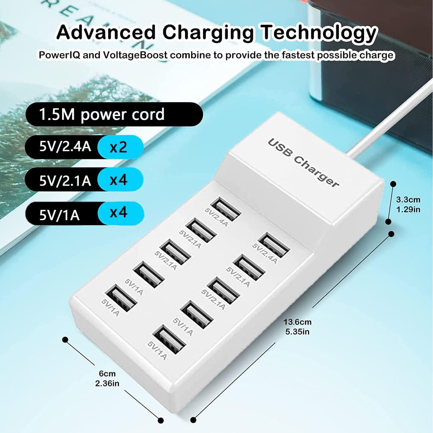 10-Port USB Charging Station 40W Desktop USB Hub - Fast Multi-Port Charger for iPhone, Samsung, Google Pixel, Huawei, LG, Tablets & More | Perfect for Home, Office, Travel & Family Use