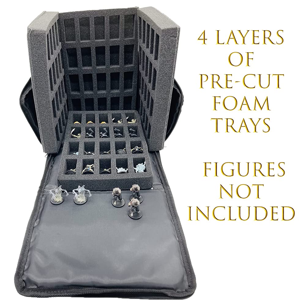 Durable Miniature Carrying Case with Foam Slots - Perfect for 28mm D&D Miniatures Storage | 4-Tray Organizer with Secure Carry Handle | Ideal for Tabletop Gaming, Warhammer, and RPG Accessories