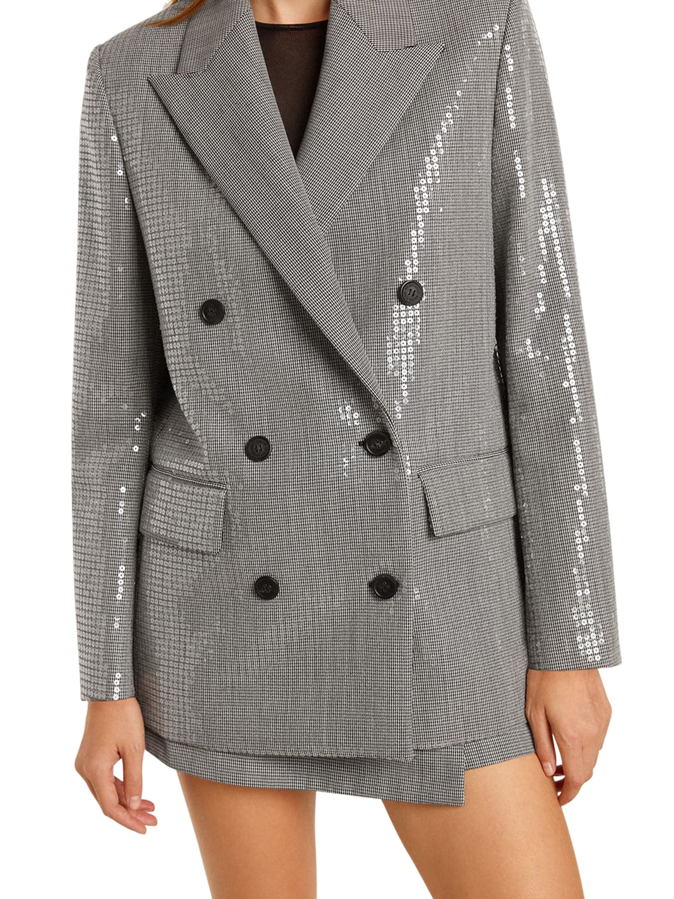 Double Breasted Jacket in Micro Pied de Poule with Sequins - Elegant Women's Blazer for Office, Party & Special Occasions