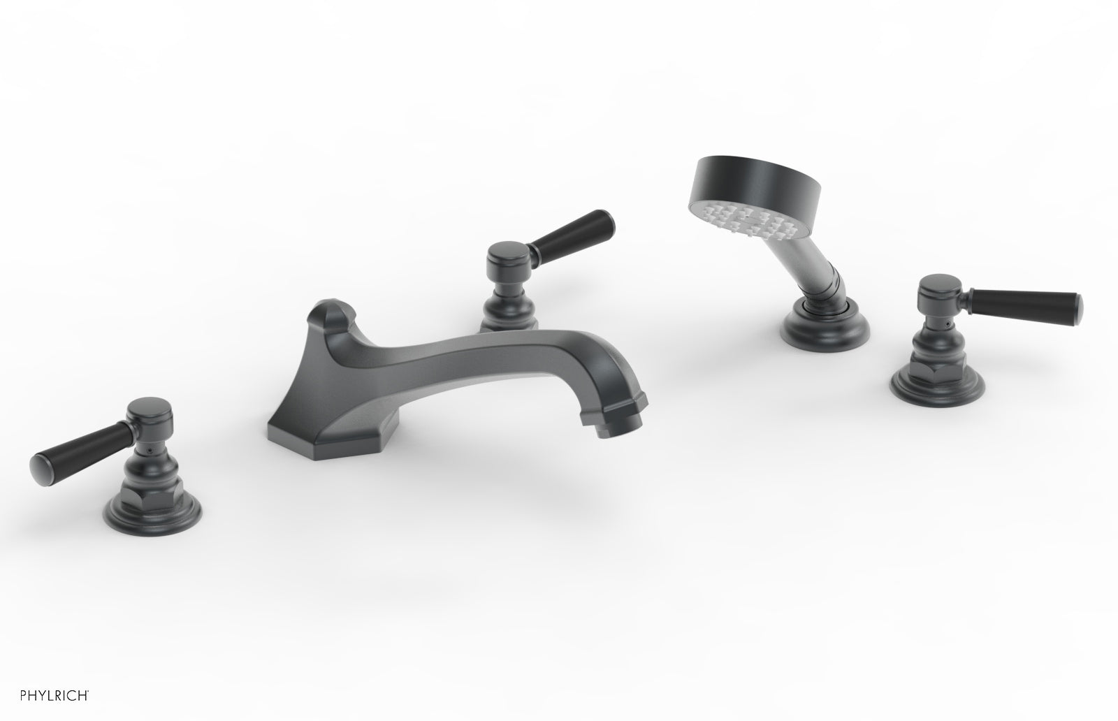 HEX TRADITIONAL Deck Mounted Bathtub Faucet Set with Hand Shower - Satin Black Finish & Lever Handles (Model 500-49) - Perfect for Modern Bathroom Renovations and Spa-Like Shower Experiences